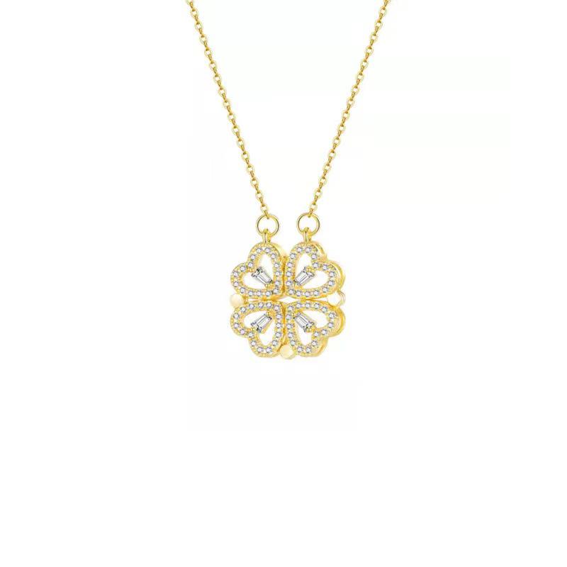 Four-Leaf Clover Multi-Wear Folding Clavicle Necklace with Full Diamond Love Design