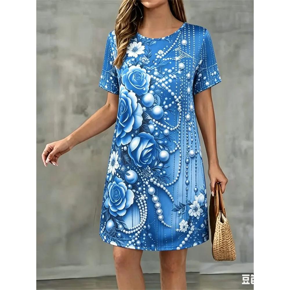 Flower Print Versatile Short-sleeved Dress Comfortable Simple Casual Dresses