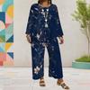 Women Plus Size Two Piece Pants Set Round Neck Long Sleeve Printed Dark Blue Layered Top Wide Leg Pants