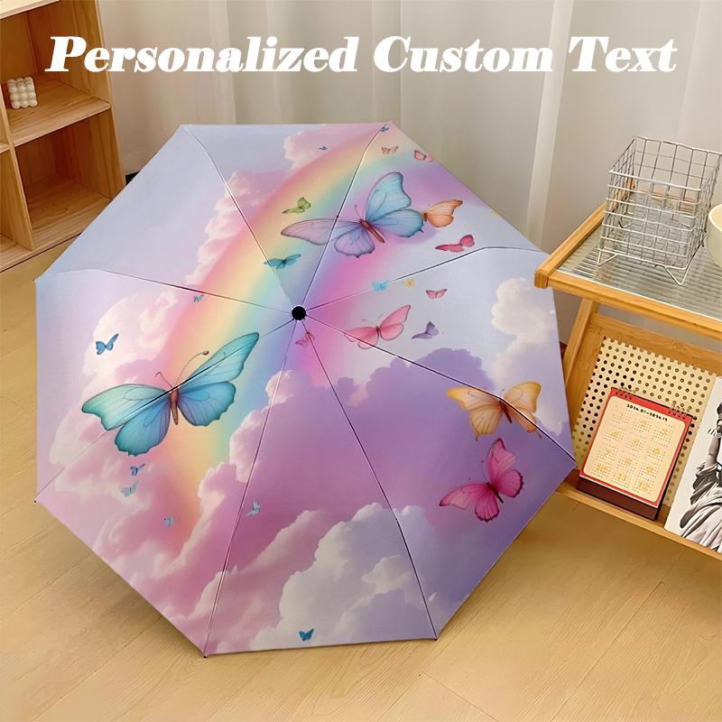 8‑Rib Automatic Umbrella, Butterfly Design Foldable Umbrella for Sun Rain Protection Travel