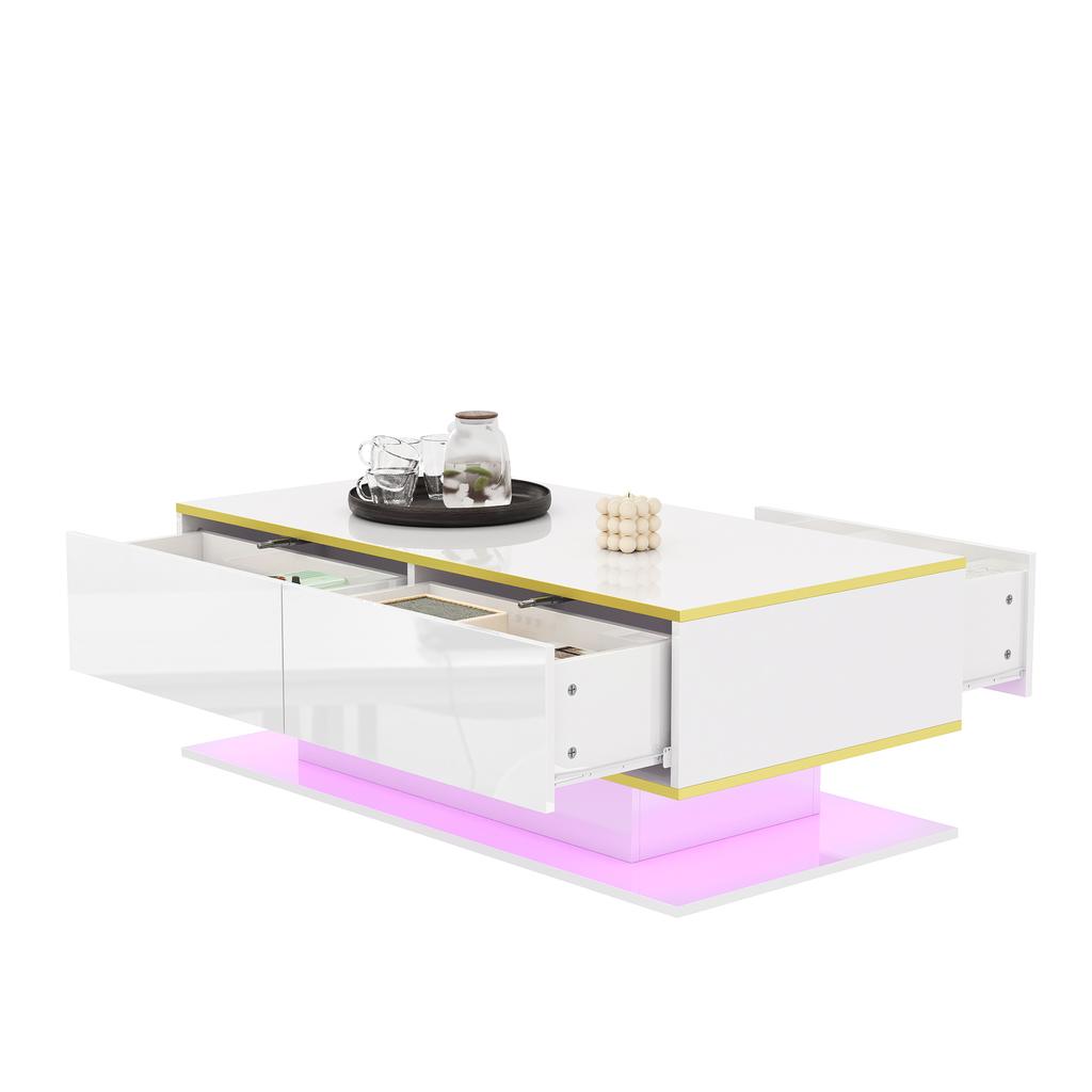 Modern LED Coffee Table with High Gloss, 100 cm Long, Gold Trim, 3 Drawers & USB LED Light Strip (Adapter/Power Bank Required)