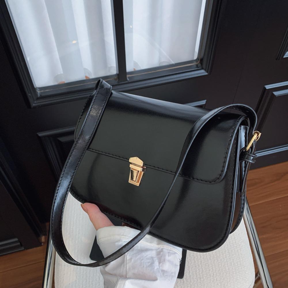 Solid Color Buckle Shoulder Bag Vintage Women's Armpit Bag Portable Retro Underarn Bag  Female