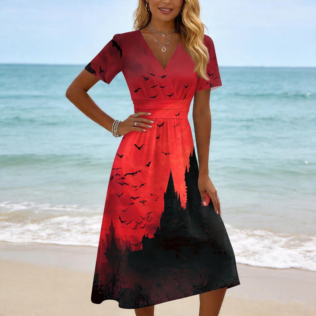 Womens Casual Halloween Printed Short Sleeve V Neck Dress Midi Length Comfortable Fit Seasonal Dress for Autumn and Fall