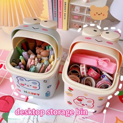 Cute Ins Desktop Flip Trash Can Organizer com tampa Grande capacidade Lata de lixo Creative Frog Caixa de armazenamento Suporte para caneta