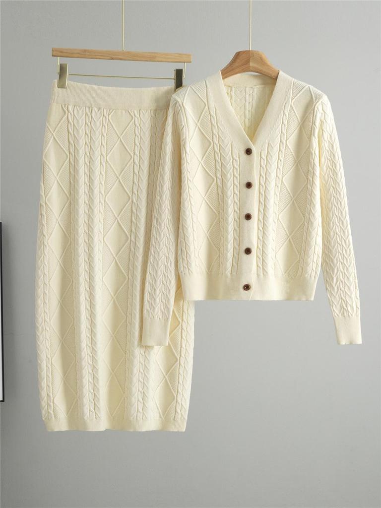 Women's Retro Cable Knit Two-Piece Set: Cardigan & Long Skirt