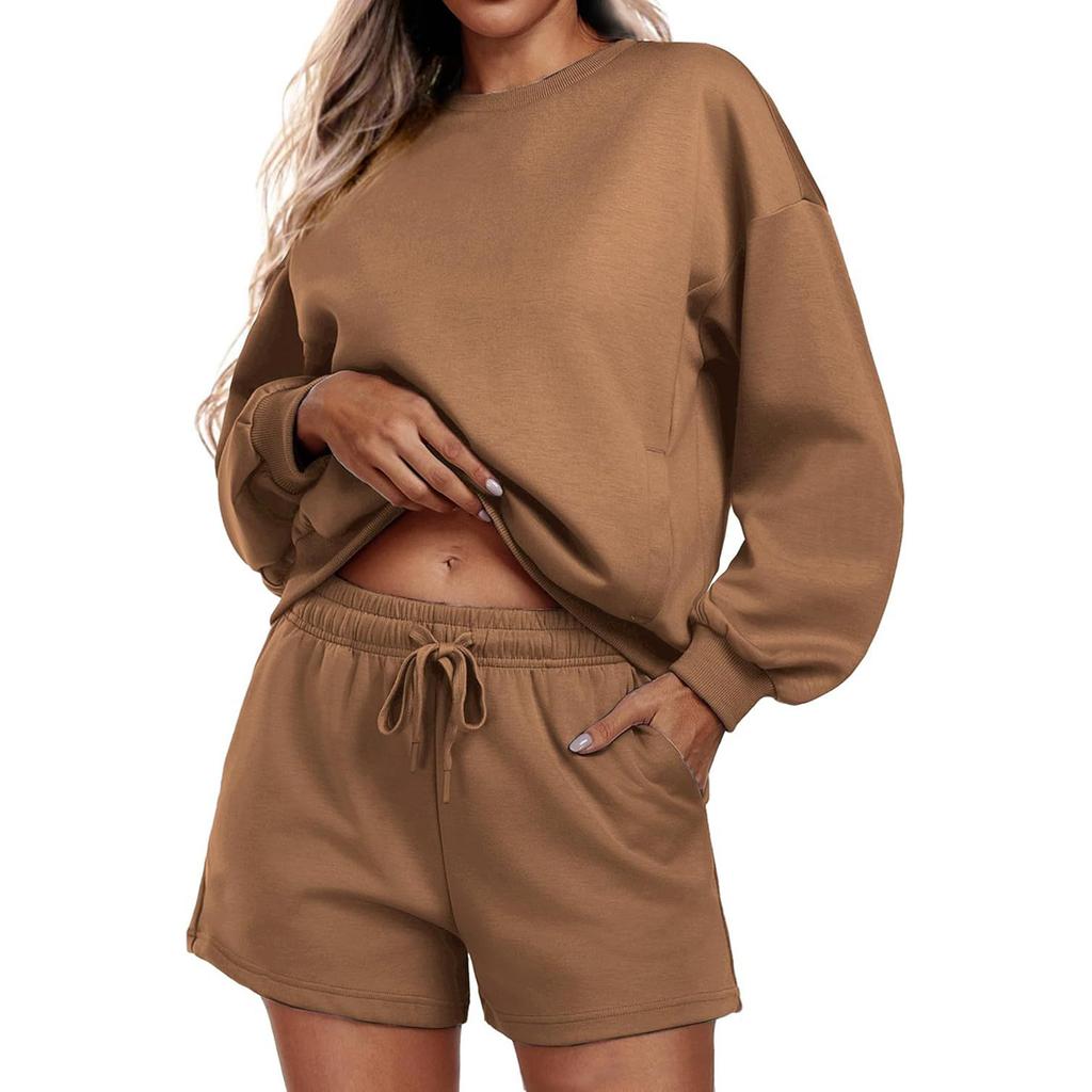 Women's Fashion Sportswear Casual Long-Sleeved Pullover Sweatshirt Drawstring Shorts Set