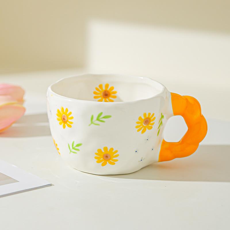 Retro Hand Painted Flowers Handmade Irregular Cute Cup Ceramic Coffee Cup Design Sense Coffee Cup Household Water Cup