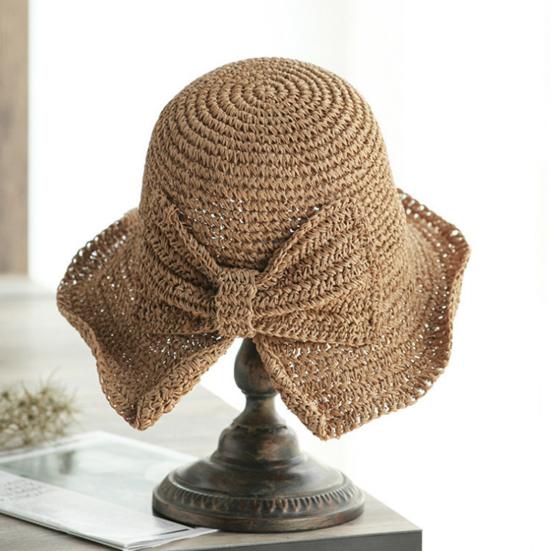 Bucket Brim Hat Bowknot Straw Summer Hat Wide Decor Side Split Design
