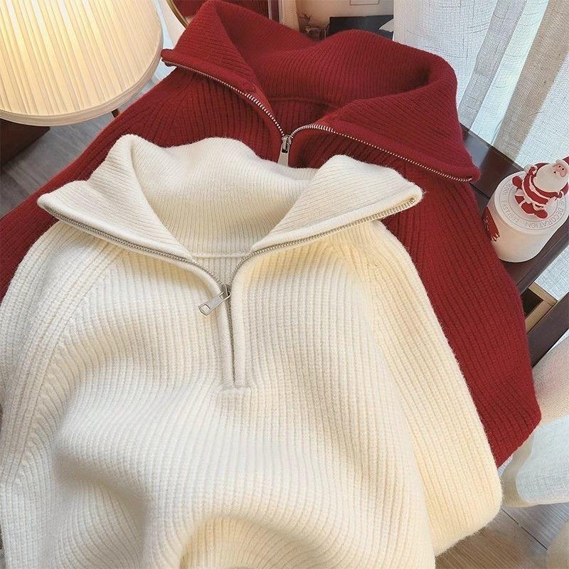 Knitted autumn and winter new age-reducing design zipper loose and thin lapel lazy sweater top women