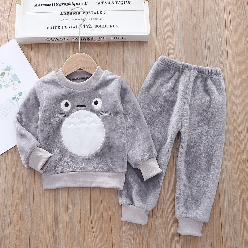 Småbarn Baby Gutter Klær Høst Vinter Barn Flanell Pyjamassett Tykk Varm Genser Tegneserie Søt bjørn Todelt Jentedress Joggedress