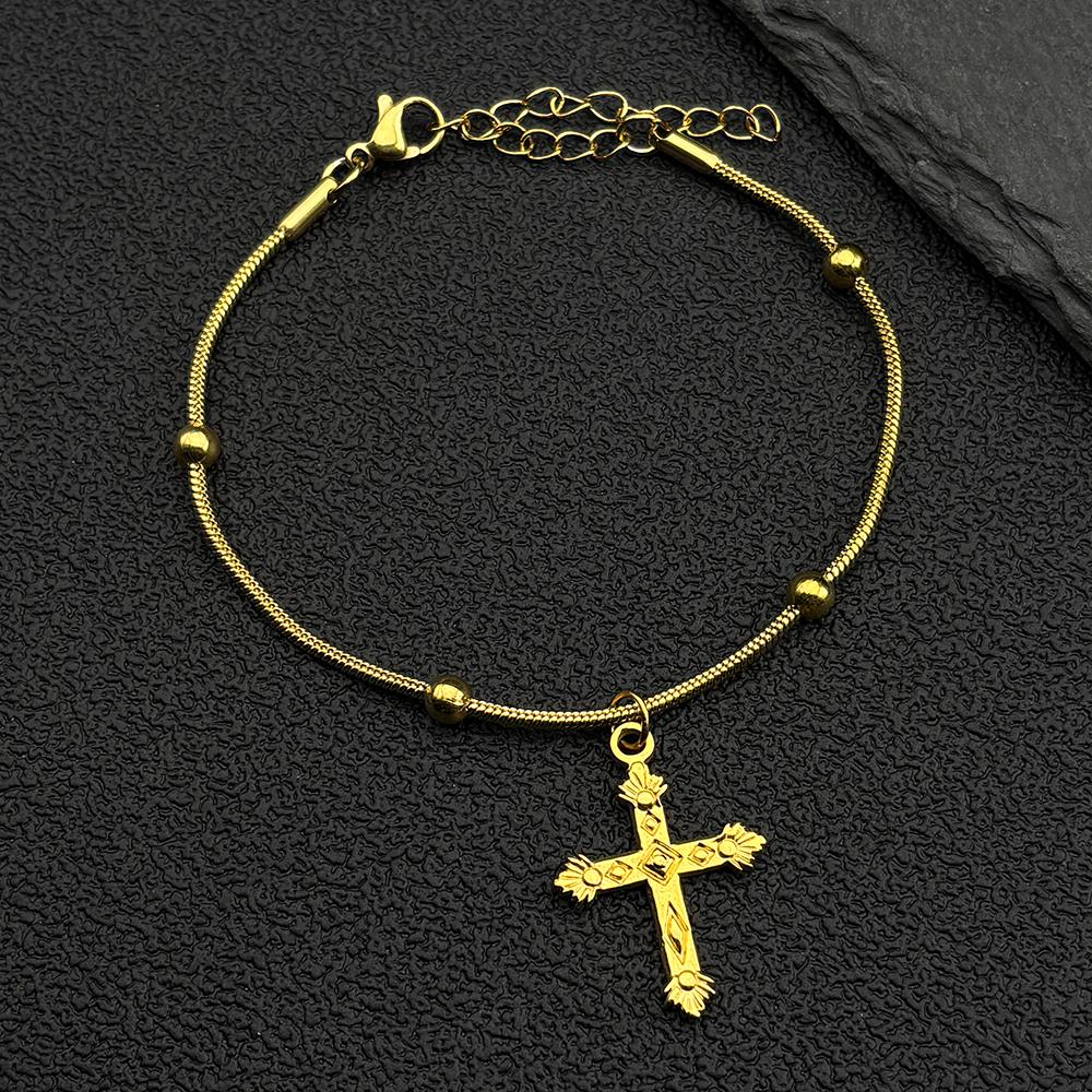 Catholic Cross Pendant Bracelet For Women Men Stainless Steel Gold Silver Color Adjustable Beads Hand Chain Amullet Jewelry Gift