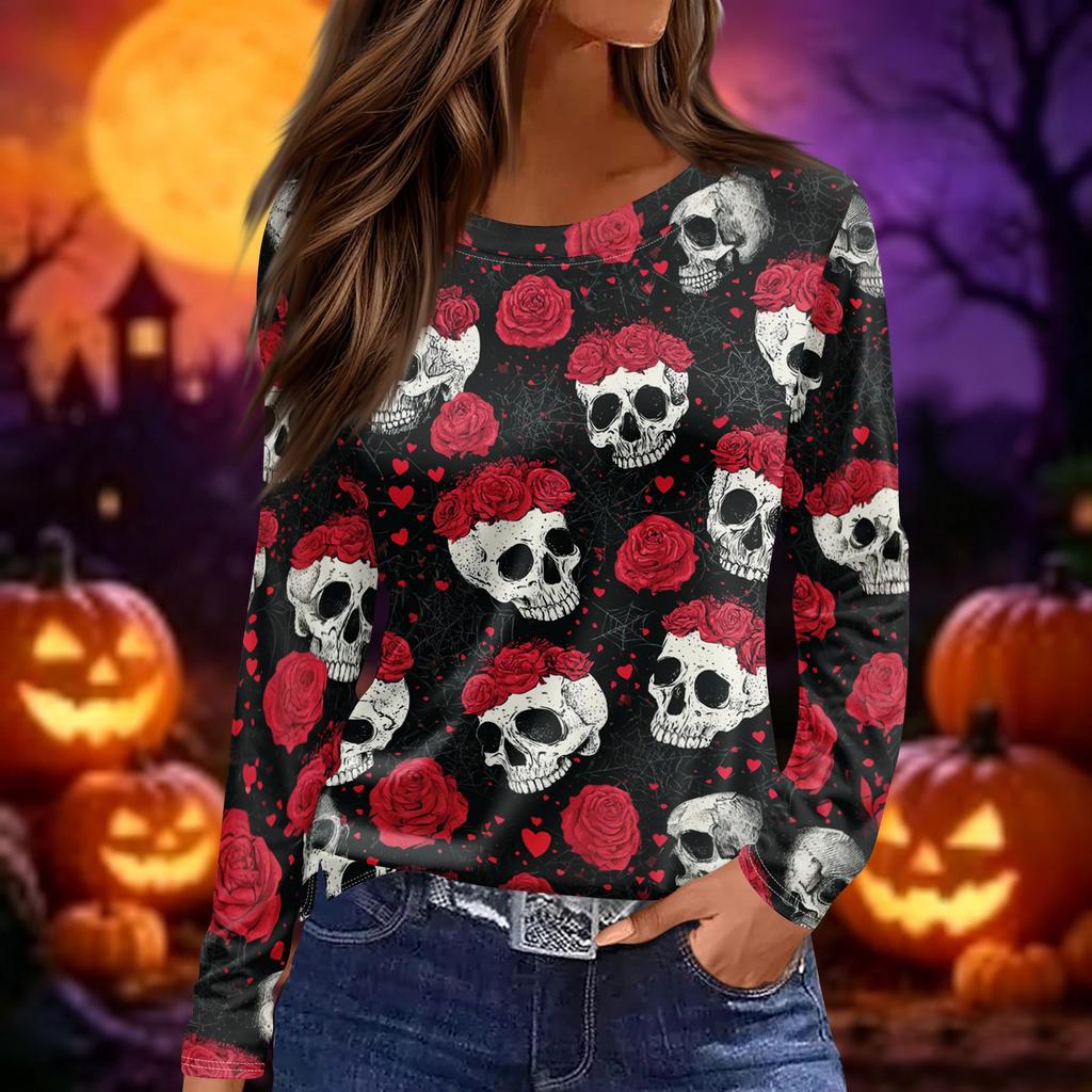 Women's Fashion Print Long Sleeve Top with Round Neck and Side Slits