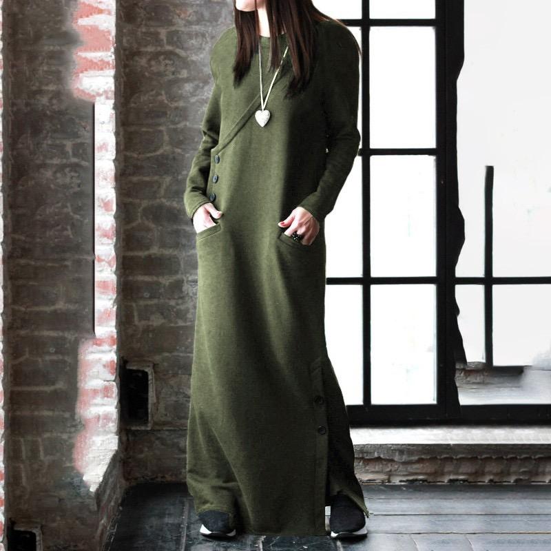 Women Winter Warm Dress Spring Basic Maxi Dress Vintage Long Sweatshirt Dress Casual Pullovers Long Sleeve Button Vestidos
