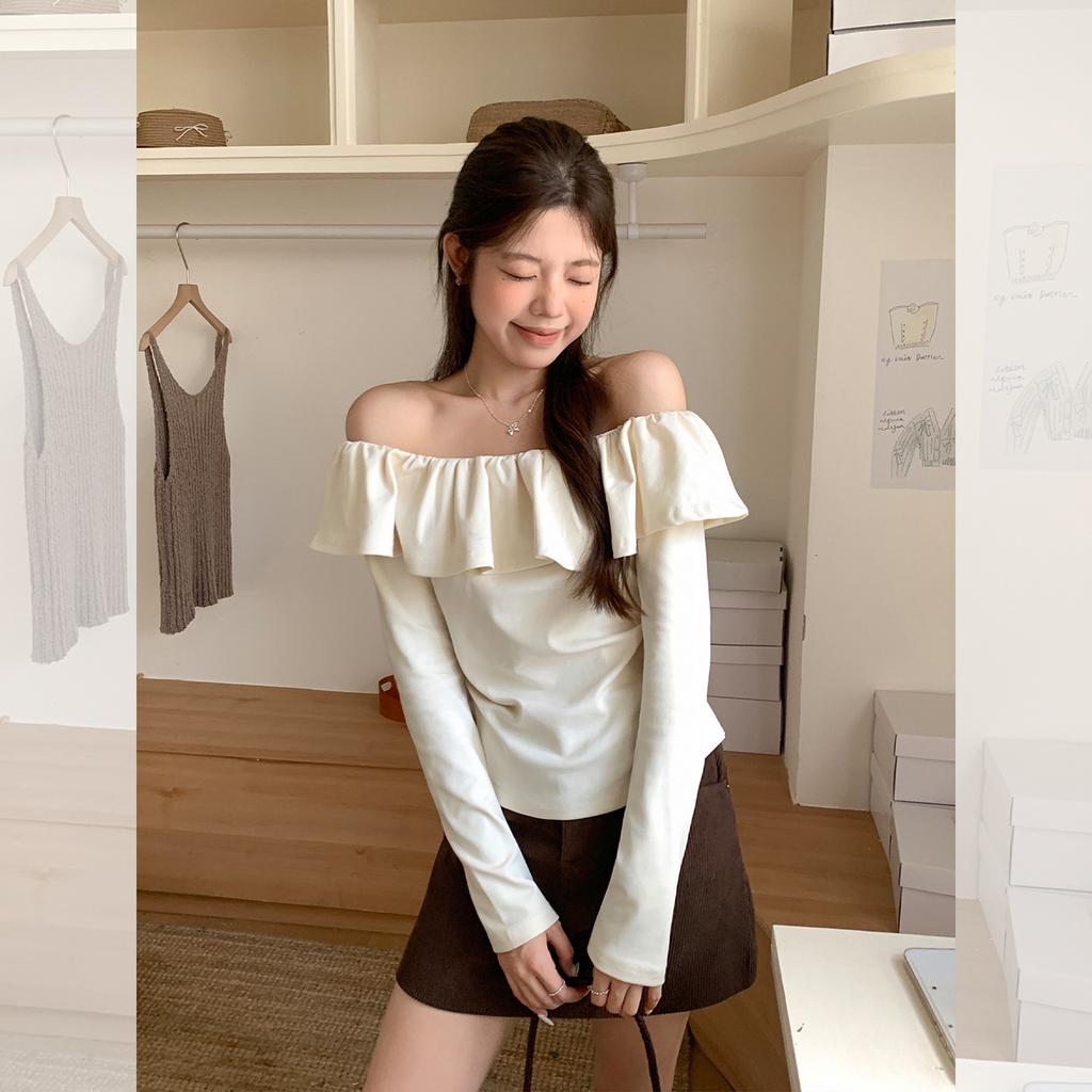 Sweet Lotus Leaf Collar One-word Shoulder Long-sleeved T-shirt Women's Autumn Bottoming Shirt Slim-fitting and Thin Chic Top