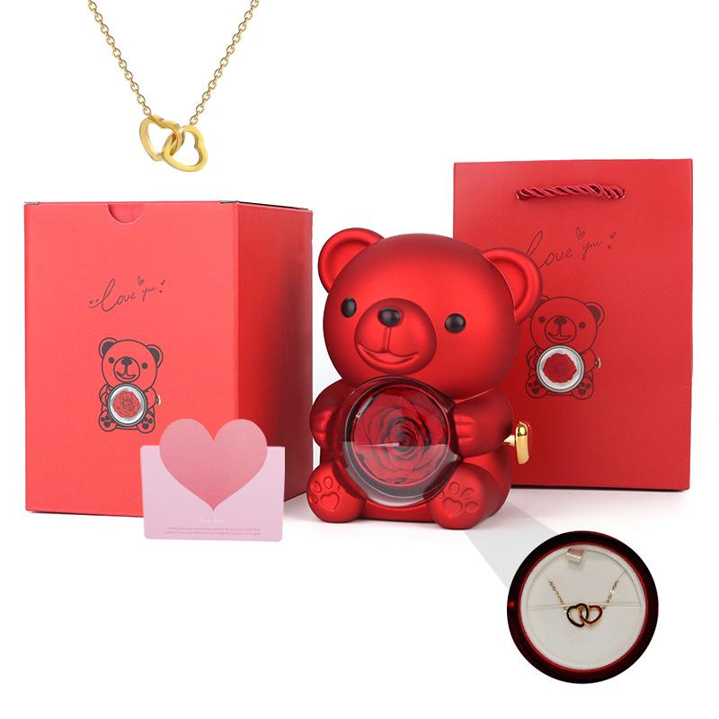 Set Regalo Fiore di Rosa Eterno & Collana con Scatola Portagioie Rotante in Acrilico e Orsacchiotto