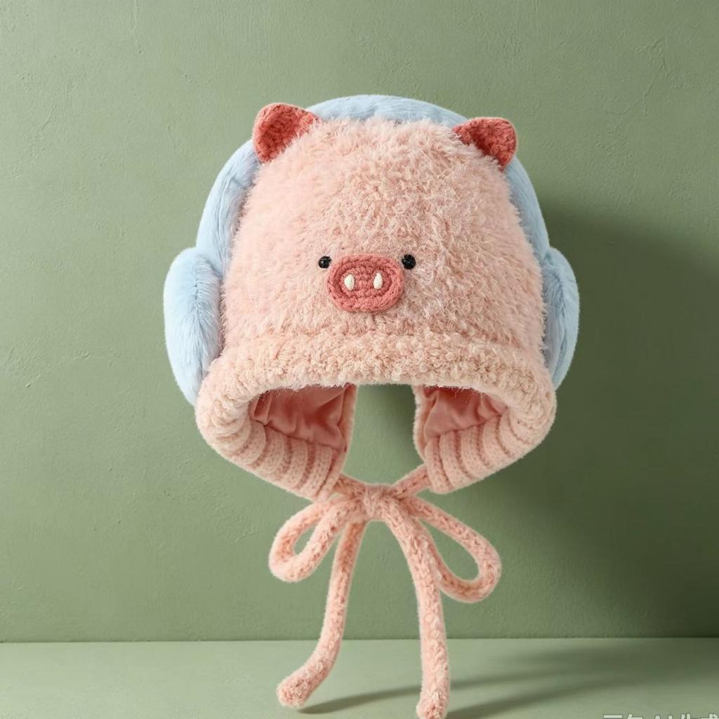 Cute cartoon children's ear protection knitted hat autumn and winter plush earphone plush hat for boys and girls