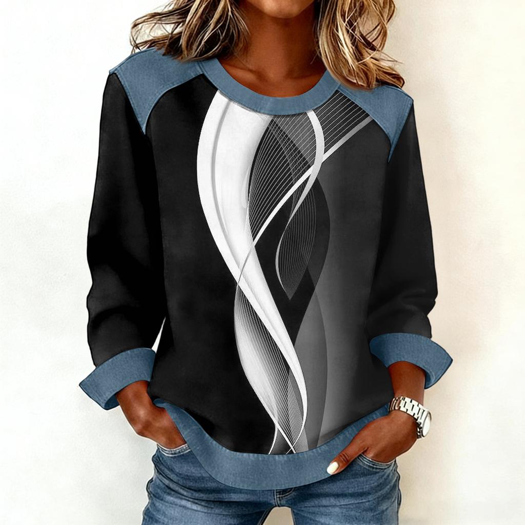 Damen Jeanskragen Patchwork Nähte Sweatshirt Lässig Pullover Langarmshirts