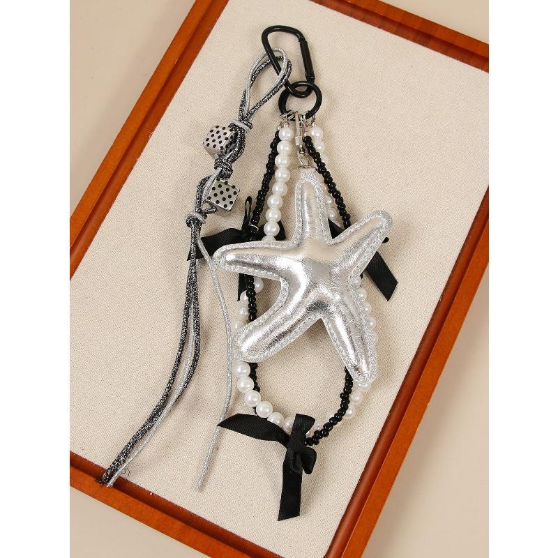 Korean Sweet Delicate Sequin Leather Silver Starfish Pendant Keychain Pearl Chain Bag Pendant