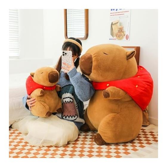 EZweekend Capybara Plush Toy with Strawberry Backpack, Extra Large, Cute, Soft, and Fluffy, Brown, Cuddly Pillow, Funny Stuffed Animal