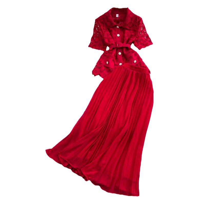Single-Breasted Lace Pleated Skirt Fashion Suit