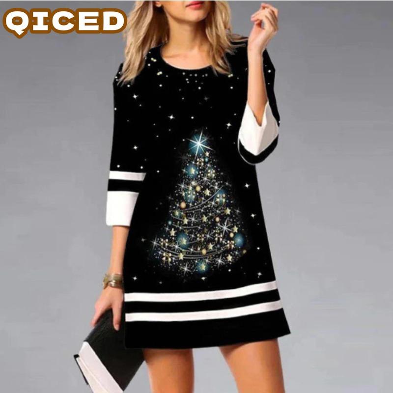 QICED Fashion Summer Spring 3/4 Sleeves O-Neck Casual Dresses