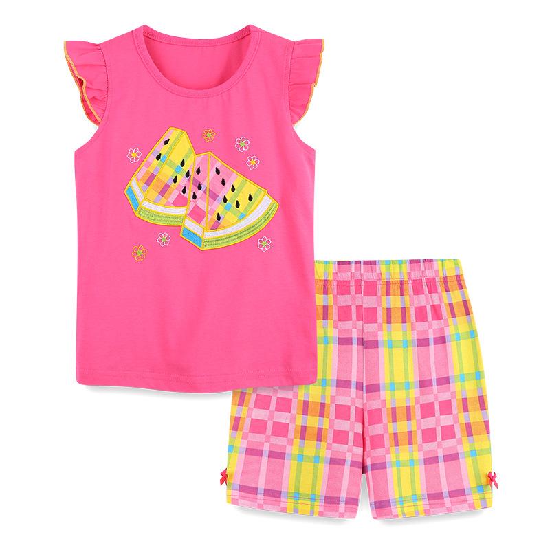 European Inspired Cartoon Embroidery Girls' Short Sleeve Knit Cotton Two-Piece Summer Set.