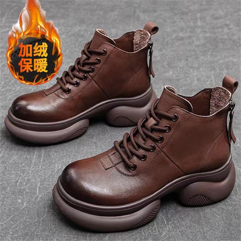 Soft-soled Soft Leather Thick-soled Martin Boots New Velvet Heightening British Style Short Boots In Autumn and Winter