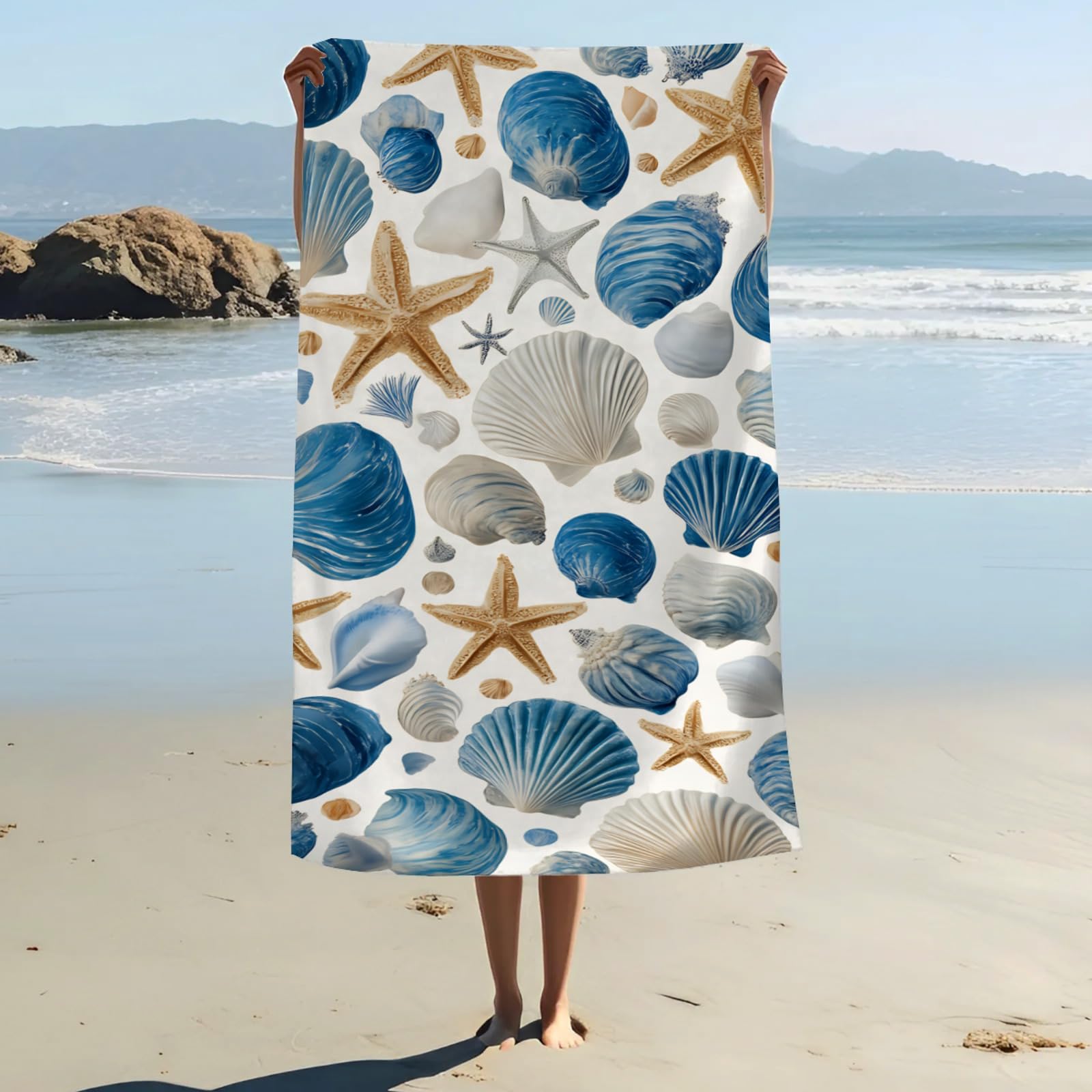 

Oversized Blue Seashell Starfish Beach Towel Quick Dry Microfiber Lightweight Travel Pool Towel for Adults Kids W40*H60(CM)