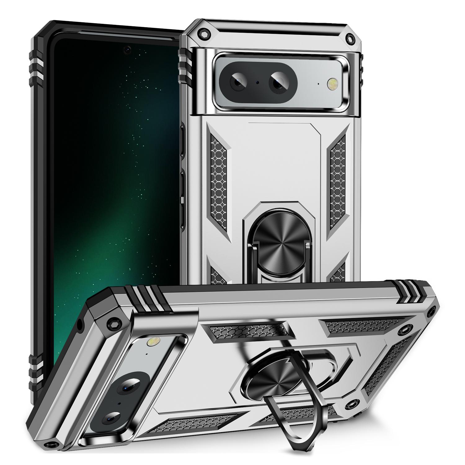 

Чехол-подставка с кольцом для Google Pixel 8, чехол из ПК+ТПУ со встроенным магнитным держателем, металлическая пластина Silver