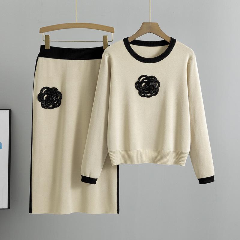 Women's Autumn/Winter Camellia Knitted Two-Piece Set: Round Neck Sweater & Hip Wrap Skirt.