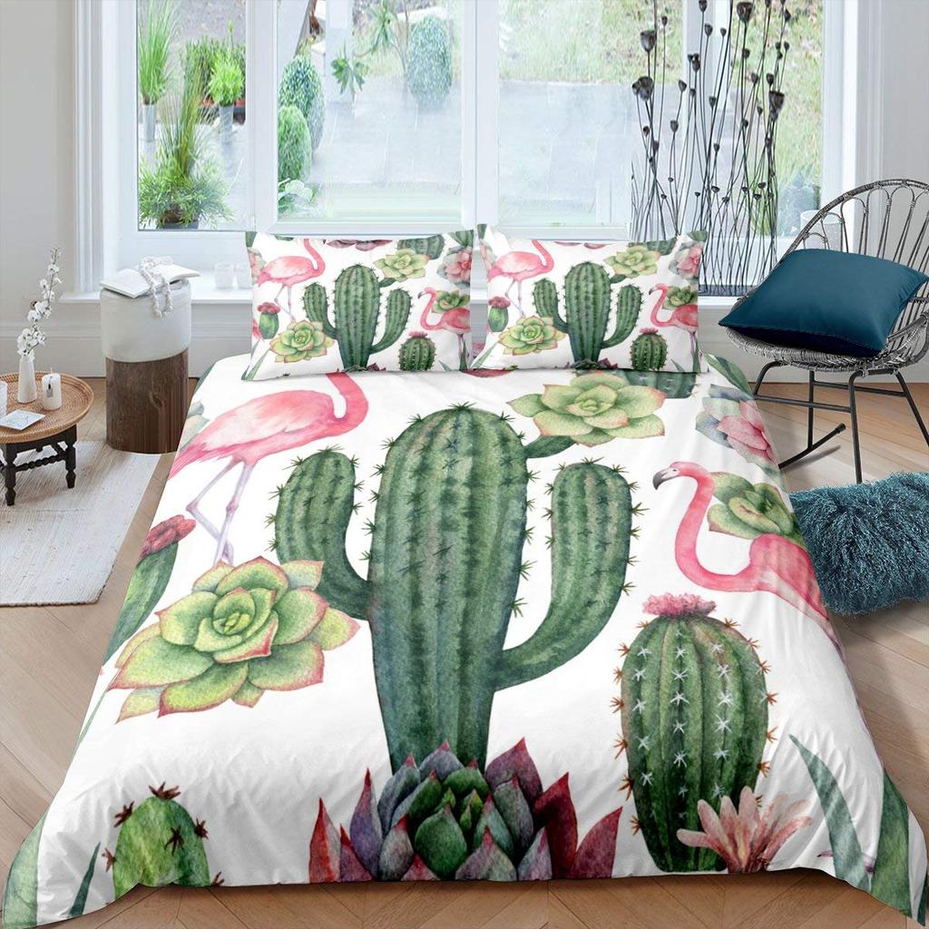Cactus Duvet Cover Set King Size Hand Painted Style Bedding Set Nature Art Prints Comforter Cover Green Plant Cactus Quilt Cover