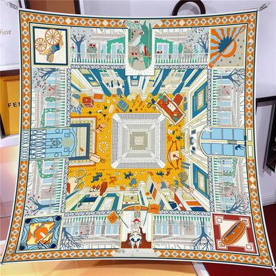 New Design Shawl Palace Printed Silk Scarf 90cm Square Scarves Lady Wraps Kerchief Woman Neck Shawl Wraps Echarpes
