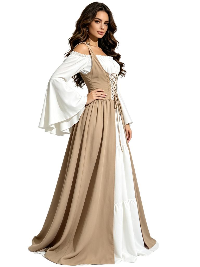 Damen Mittelalter Renaissance Kleid Schulterfrei Glockenärmel Schnürkorsett Vintage Halloween Cosplay Langes Maxikleid