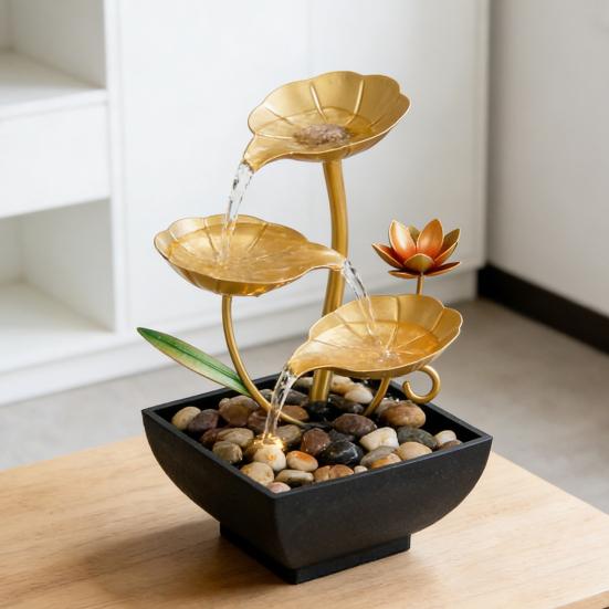 Yousheng Gold Tabletop Water Fountain 3-Tier Waterfall Fountain with Light Indoor Lotus Desktop Small Fountain with Rocks for Zen Home Office Bedroom