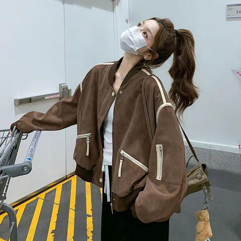 

Винтажная коричневая бейсбольная куртка женская весенняя мода ретро верхняя одежда повседневное пальто L кофейный