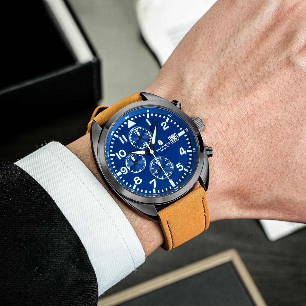 SAPPHERO Japanese Analog 50M Water Luminous Date Artificial Leather Mineral Brown Blue Dial Men's Watch, Movement, Quartz, Resistant, Hands, Display,