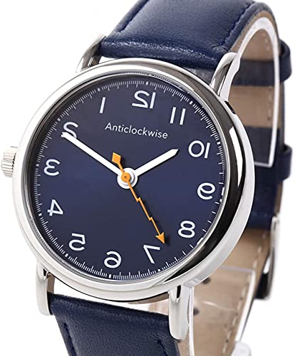 Anticlockwise Reverse Watch, Japanese Quartz Movement, Blue Genuine Leather Band (Blue)