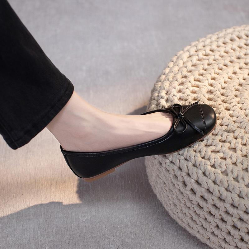 French Single Shoes Women'S Calfskin Flat Bottom Round Head Bow Late Evening Breeze Spring Summer Mary Jane Red Shoes