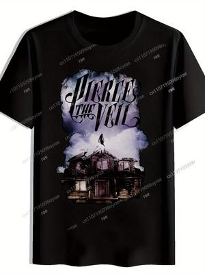 MenS Black TShirt with Pierce the Veil Graphic Print  Distressed House  Silhouette Design Casual Polyester Round Neck Tee