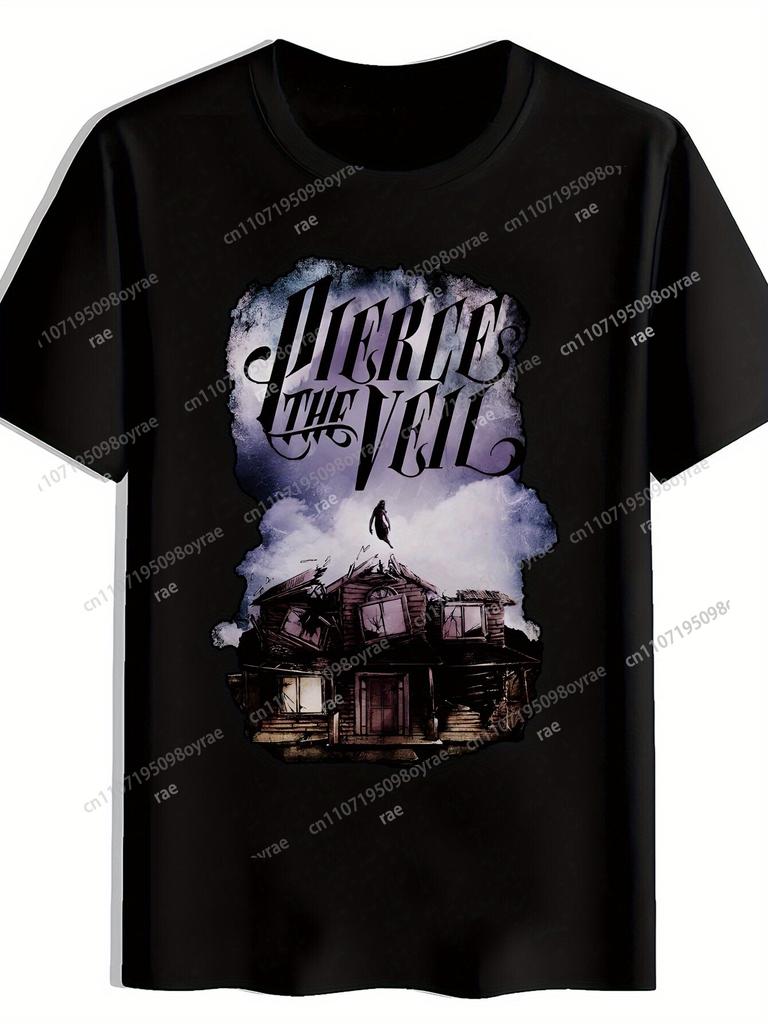 MenS Black TShirt with Pierce the Veil Graphic Print Distressed House Silhouette Design Casual Polyester Round Neck Tee