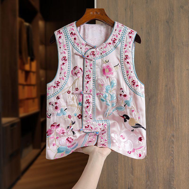 Dámský retro kardigan bez rukávů: Čínský styl s těžkou výšivkou a žabkovým zapínáním - Všestranná jarní/podzimní vesta
