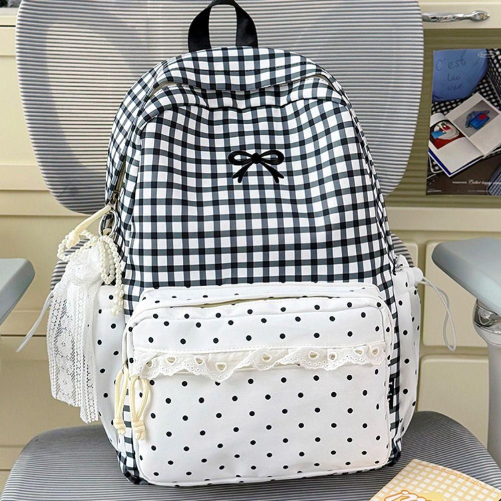 Sweet Polka Dot Backpack Plaid Student School Bag Fashion Lace Trim Rucksack Outdoor Use