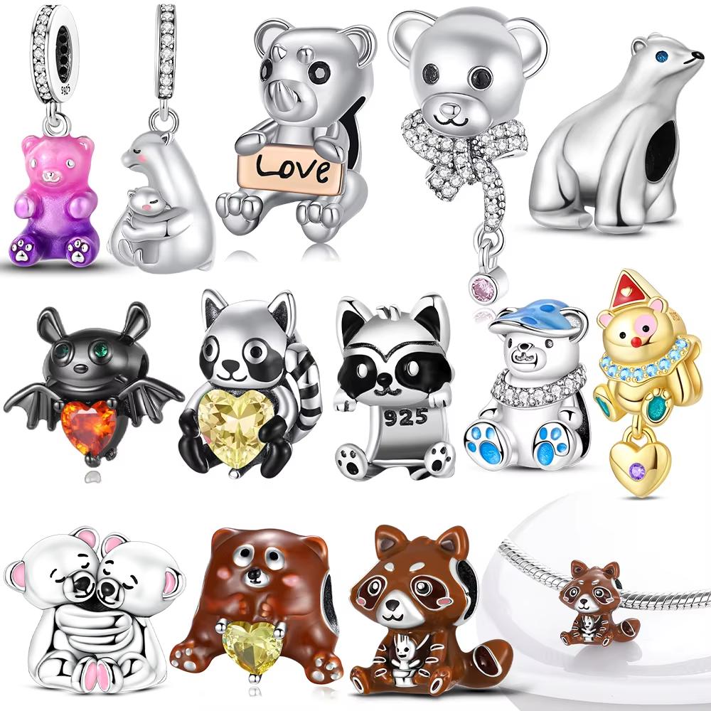 Authentic Original Brown Bear Cute Animal Polar Bear Heart Love Copper Metal Bag Charm Bead Components Bead Component Compatible With Bracelet High
