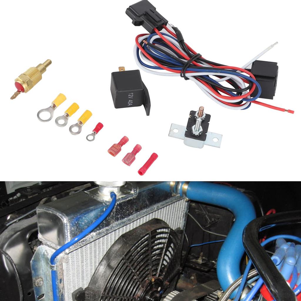 KIMISS Radiator Cooling Fan Relay Kit with Thermostat Switch and Overload Protector - Complete Mounting Accessory for Automotive Cooling System
