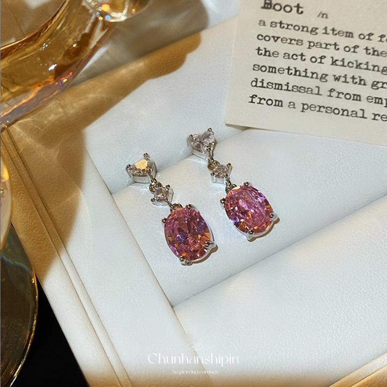 Elegant French Pink Zirconia Heart Tassel Stud Earrings - Sparkling, High-End Luxury Feel with Versatile Style.