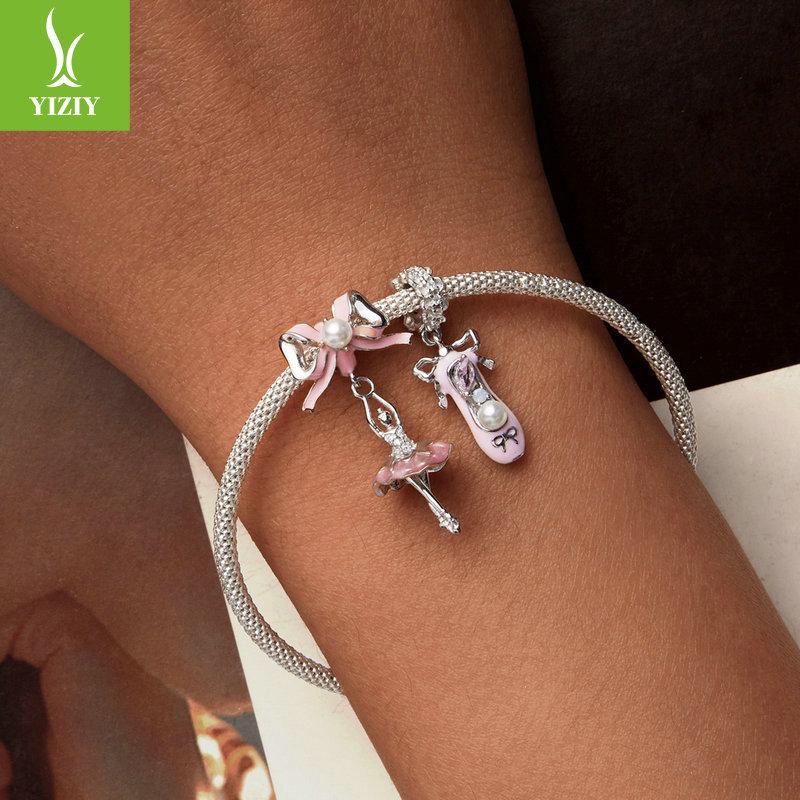 Romantic Pink Bow S925 Silver Pendant Jewelry Accessories Sweet High Heels Champagne Diy Beads