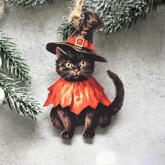 Vintage Wooden Witch Cat Pendant Halloween Hanging Ornament, Decorative Pendant, Rustic Pumpkin Ornament Cute Holiday Party Favors for Tree And
