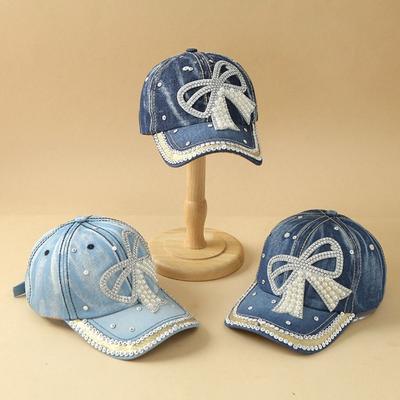 Bow Denim Baseball Cap with Pearl Embellished Hip Hop Hat Fashion Peaked Cap  Outdoor