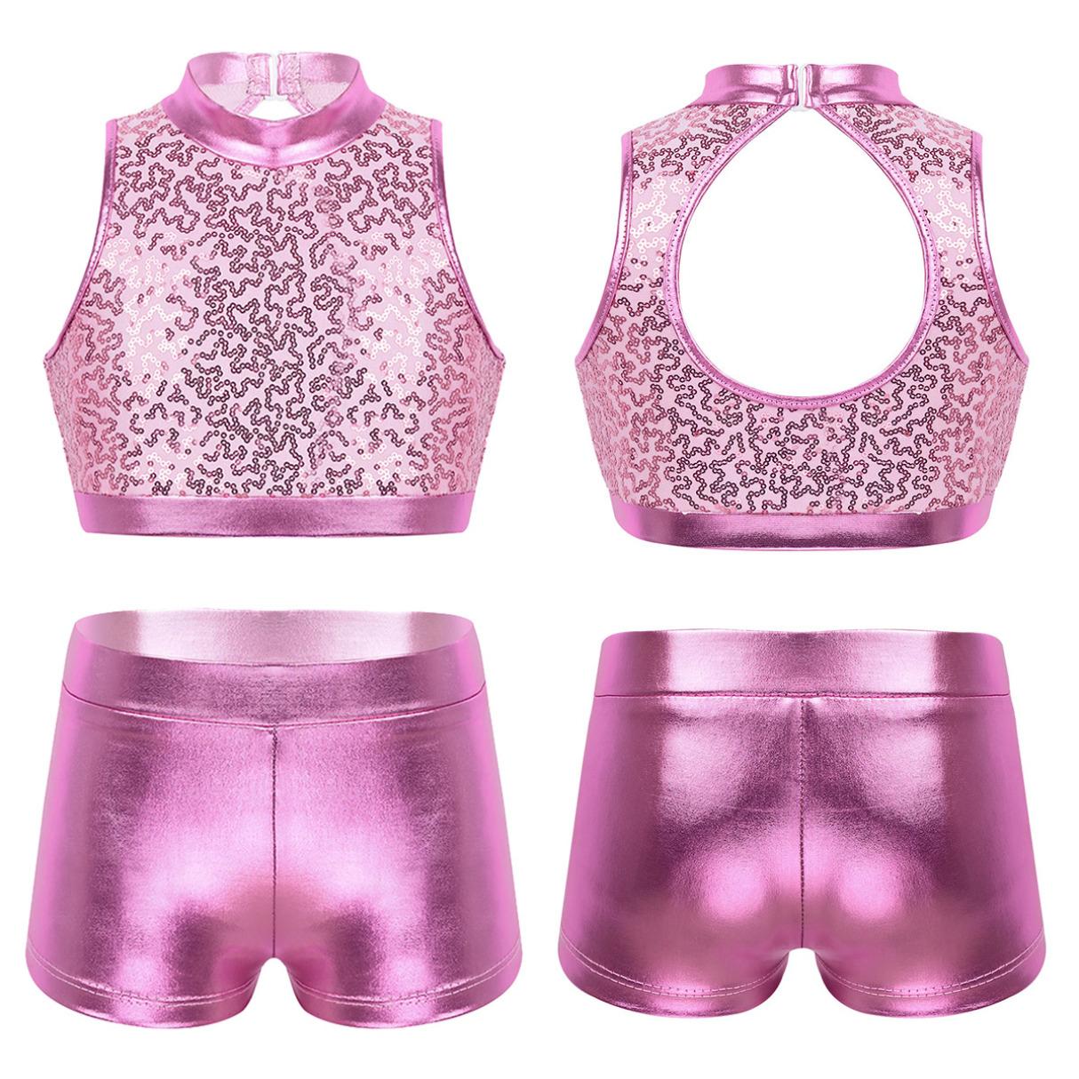 Inlzdz Kinderen meisjes metallic tweedelige dansoutfit racerback sporttankini cop-top met gymnastiekbroek 13-14 Years roze