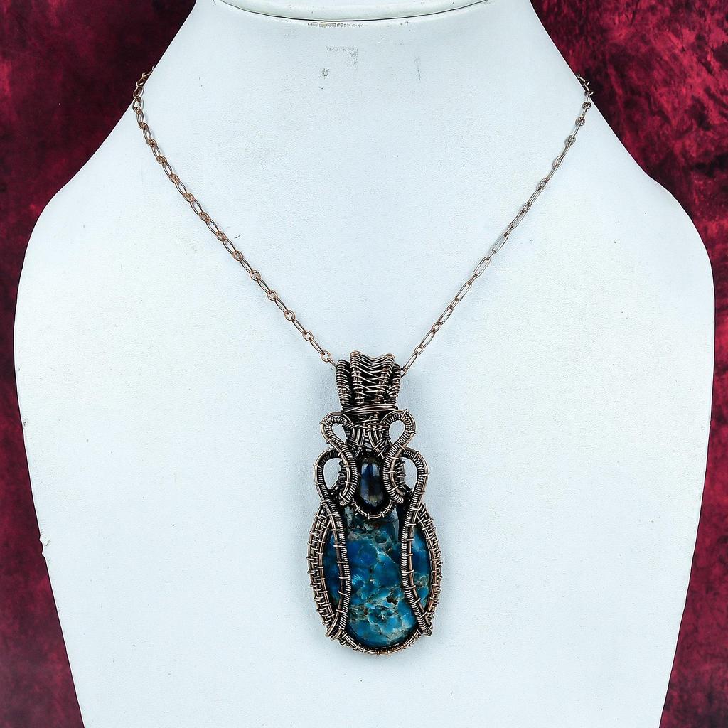 Neon Apatite Pendant Labradorite Pendant Gemstone Jewelry Copper Wire Wrapped Pendant